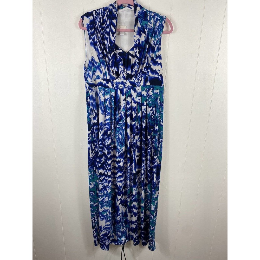 EUC Chico's 1 Blue White Teal Printed Maxi Dress